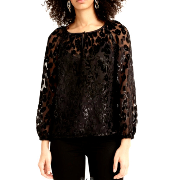 J Crew Burnout Metallic Velvet Black Leopard Long Sleeve Top Blouse Sz Small - Picture 1 of 12
